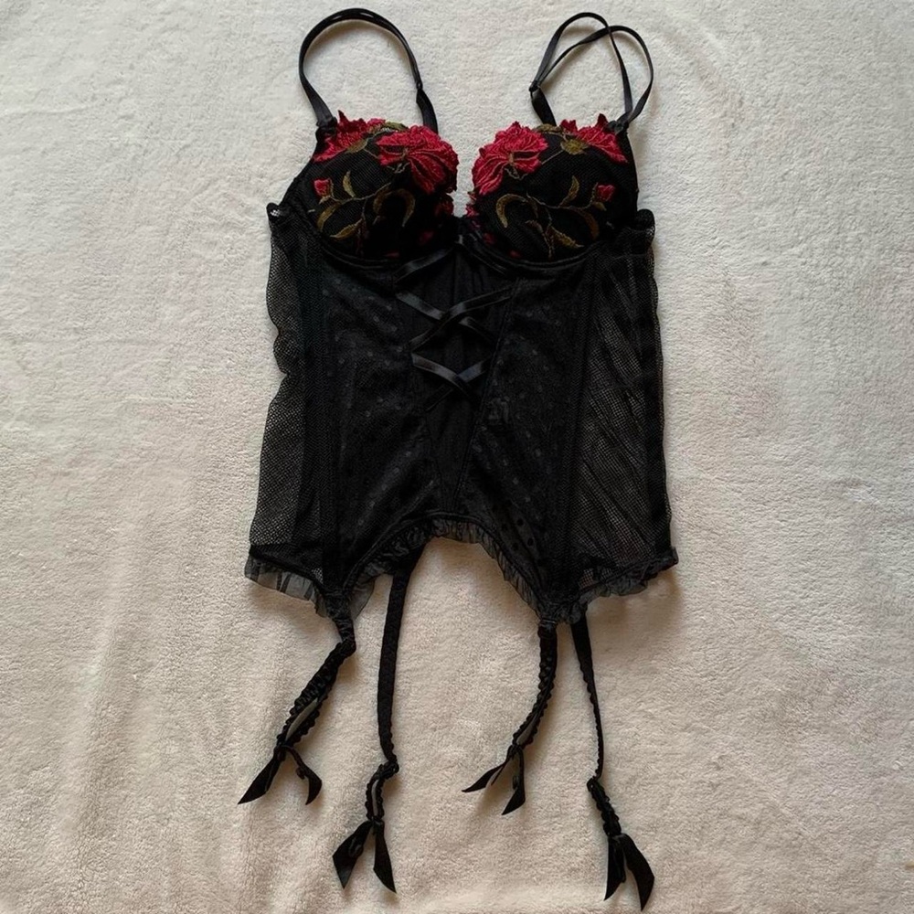 Lise Charmel Black Mesh Red Rose Embroidered Lingerie Bustier Corset Size 32C